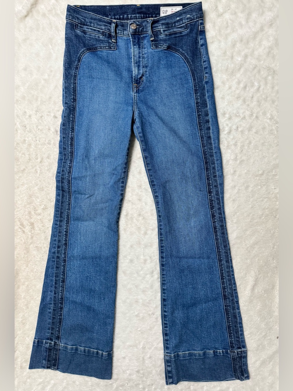 GAP High Rise Patched '70s Flare Jeans Western 2 tone Medium Indigo